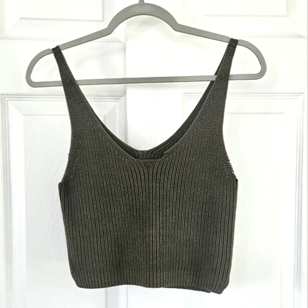 Sportsgirl Ribbed Knit Crop Tank Top - Olive Green - XS Australian